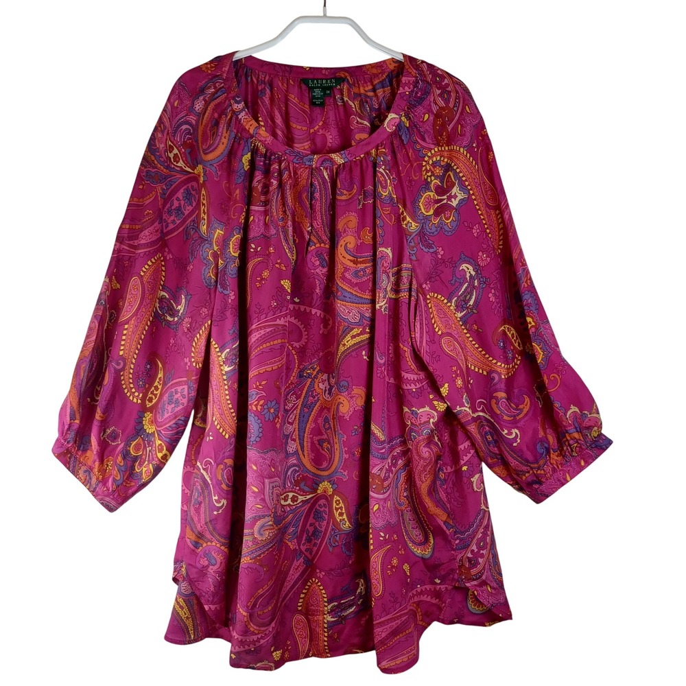 Lauren Ralph Lauren Pink Paisley 100% Silk Blouse 3/4 Sleeve Tunic Plus Size 2X